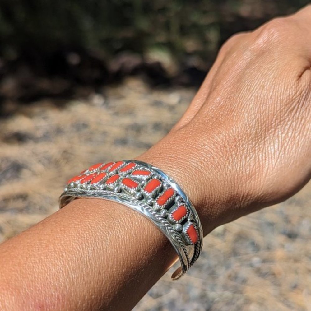 Navajo Bracelet Cluster Coral Jewelry Sterling Silver Native American Sz 6.5in** - Picture 7 of 10